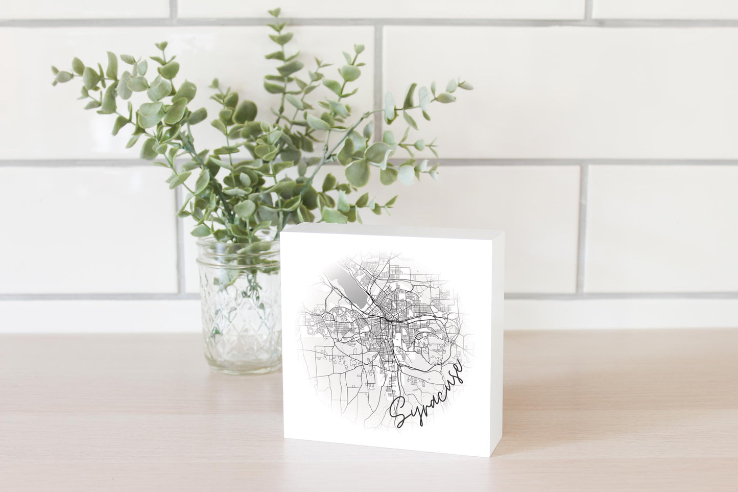 Minimalistic B&W New York Syracuse Faded Circle Map | Wood Block | Eaches | Min 4