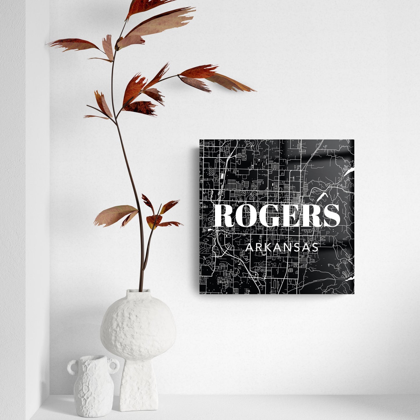 Minimalist B&W Arkansas Rogers Map State | Hi-Def Glass Art | Eaches | Min 2