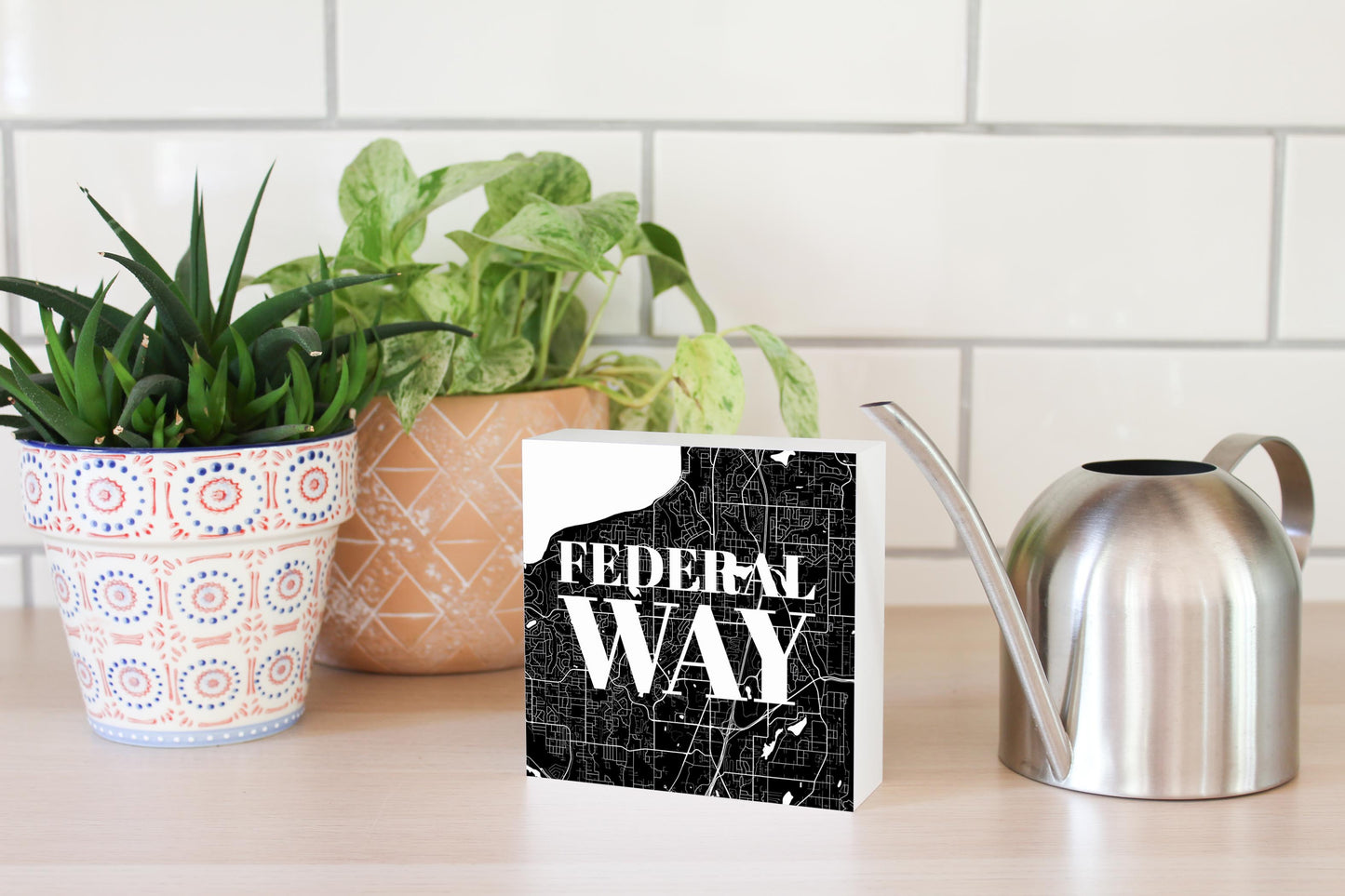 Minimalistic B&W Washington Federal Way Map | Wood Block | Eaches | Min 4