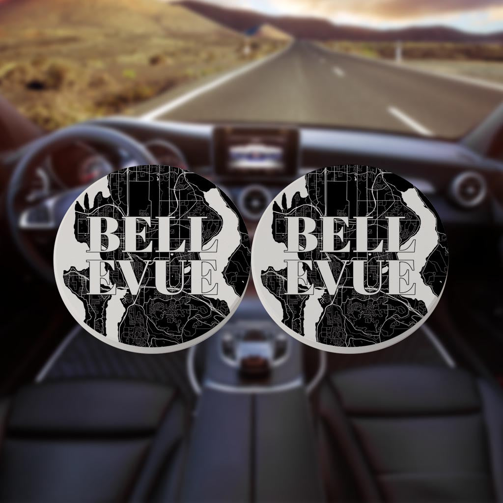 Minimalistic B&W Washington Bellevue Map| Absorbent Car Coasters | Set of 2 | Min 4