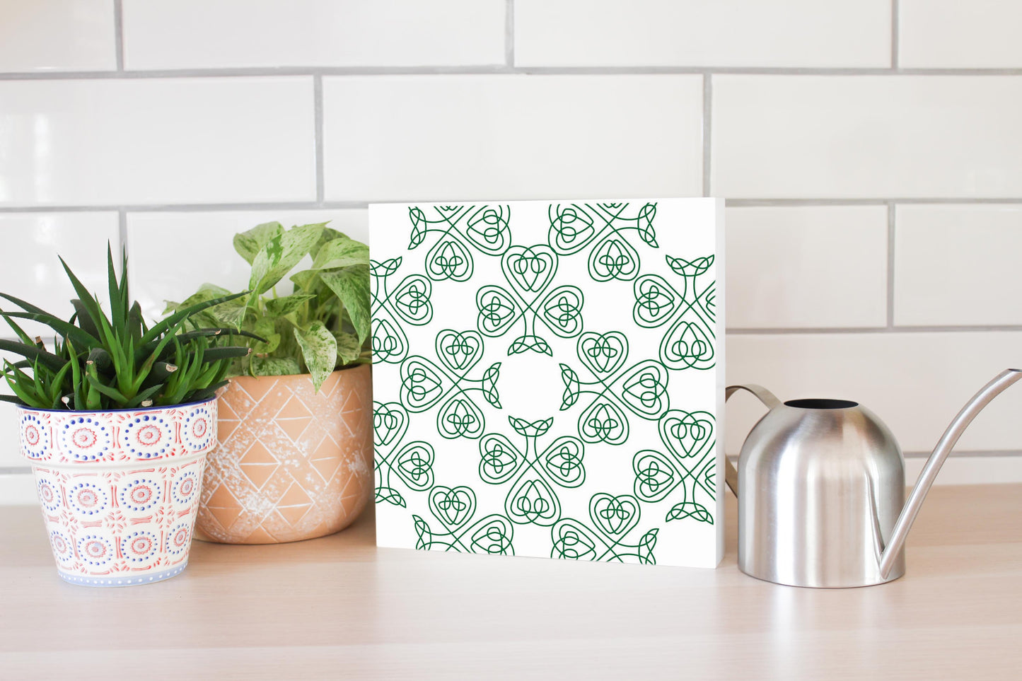 White Green Shamrock Pattern | Wood Block | Eaches | Min 2