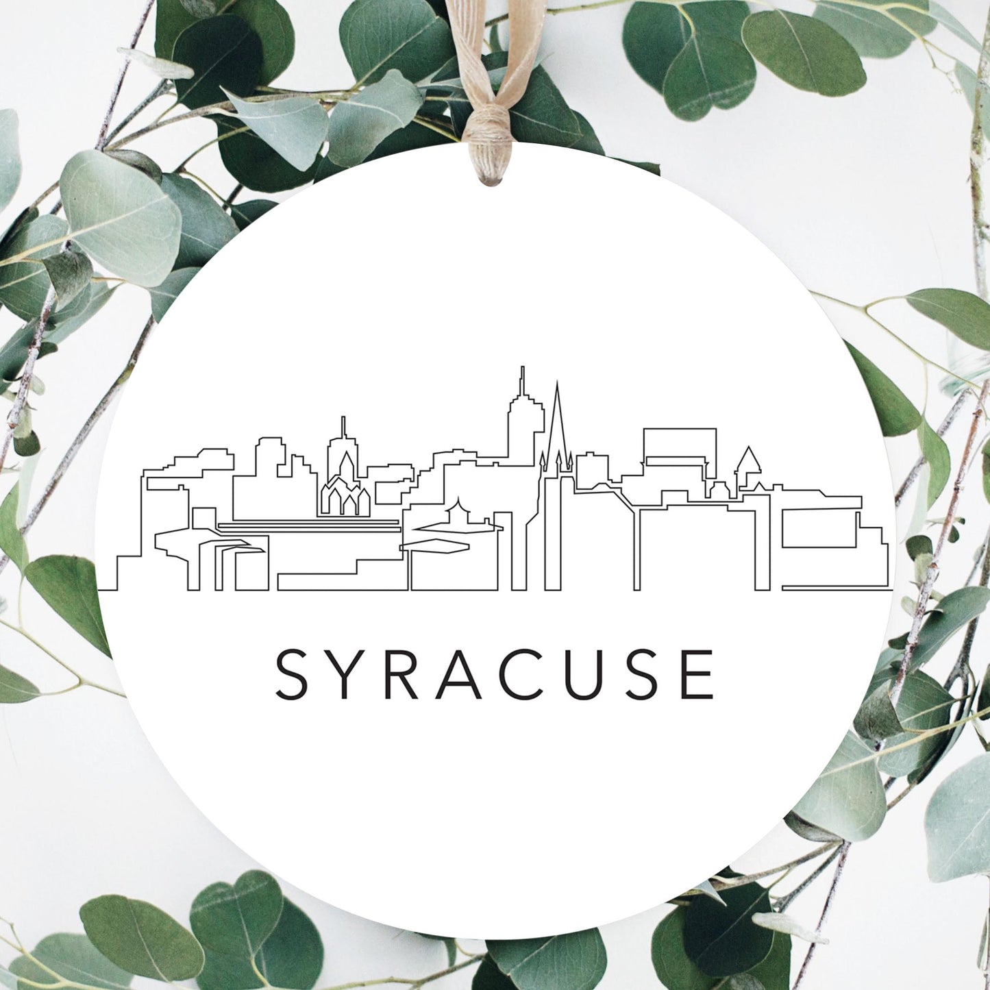 Minimalistic B&W New York Syracuse Skyline | Wood Ornament | Eaches | Min 1