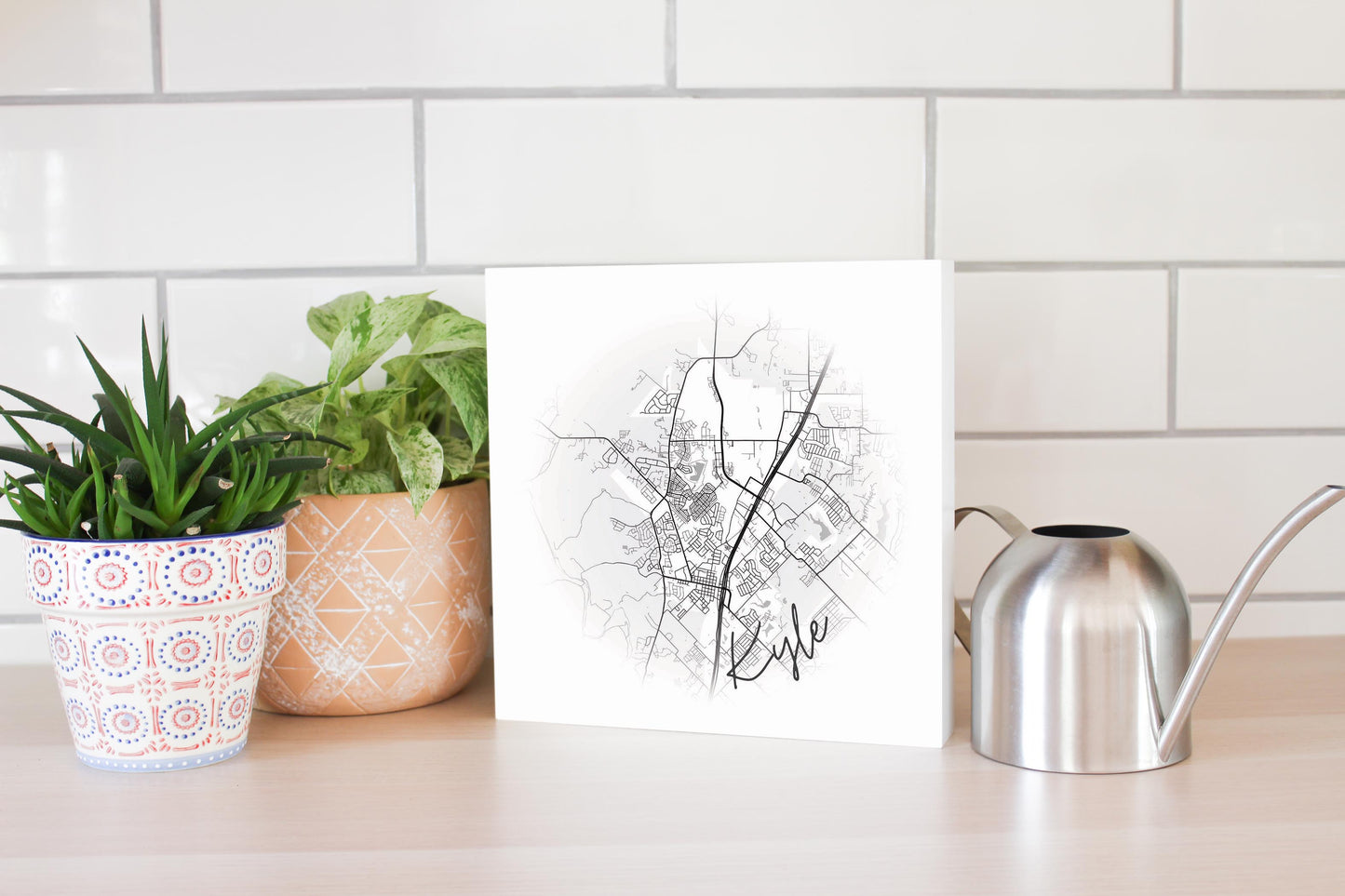 Minimalistic B&W Texas Kyle Circle Map | Wood Block | Eaches | Min 2