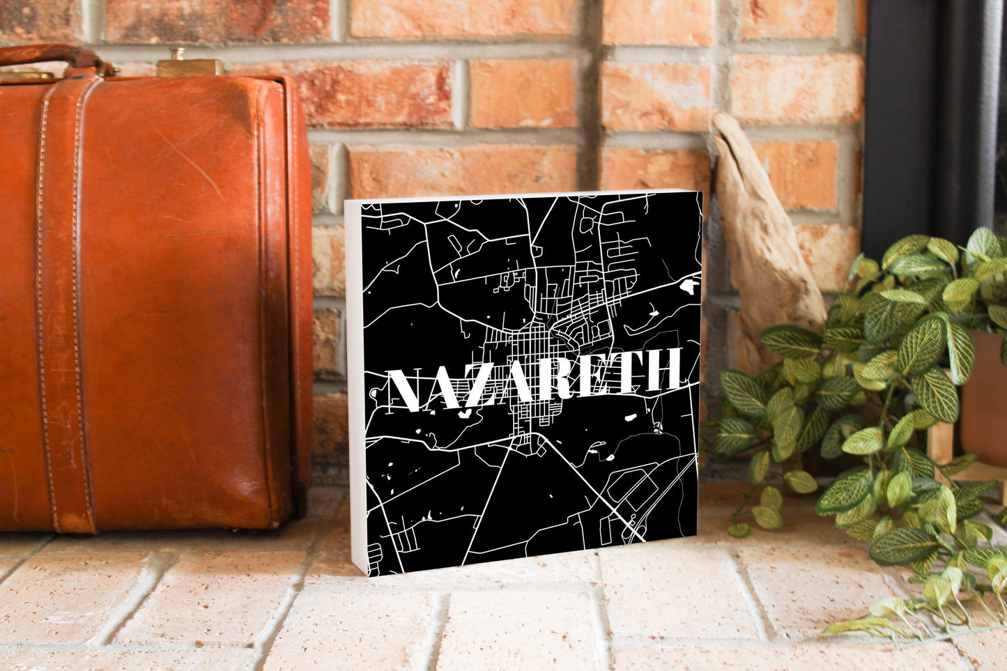 Minimalistic B&W Pennsylvania Nazareth Map | Wood Block | Eaches | Min 2