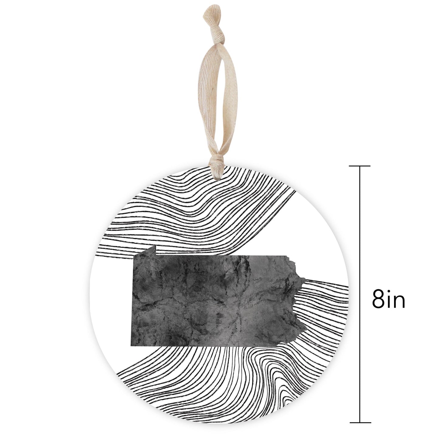 Minimalistic B&W Pennsylvania Shape Fluid Lines | Wood Ornament | Eaches | Min 1
