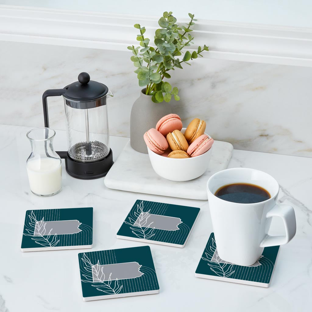 Modern Minimalist Pennsylvania Shape With Leaf | Absorbent Coasters | Set of 4 | Min 2