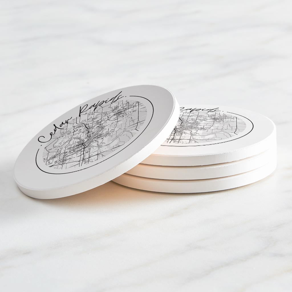 Minimalistic B&W Iowa Cedar Rapids Circle Map | Absorbent Coasters | Set of 4 | Min 2