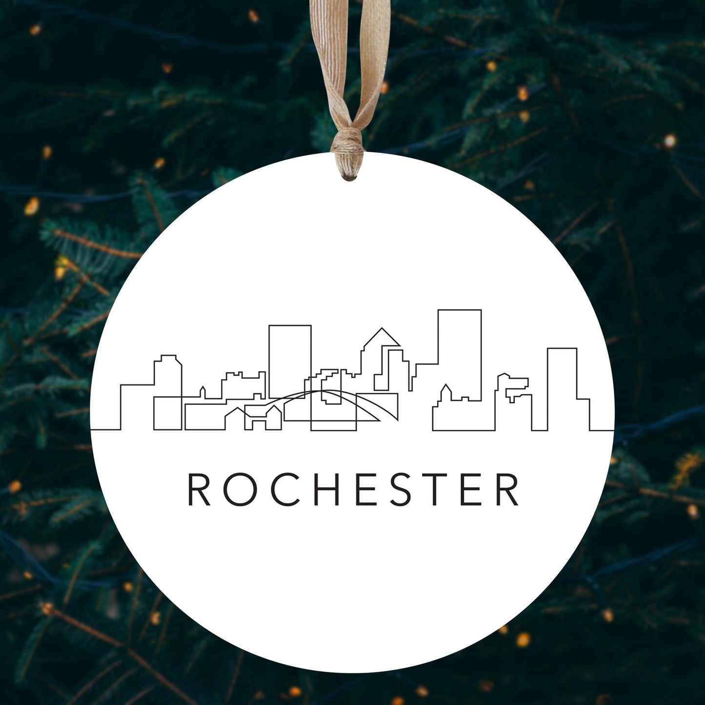 Minimalistic B&W New York Rochester Skyline | Wood Ornament | Eaches | Min 1