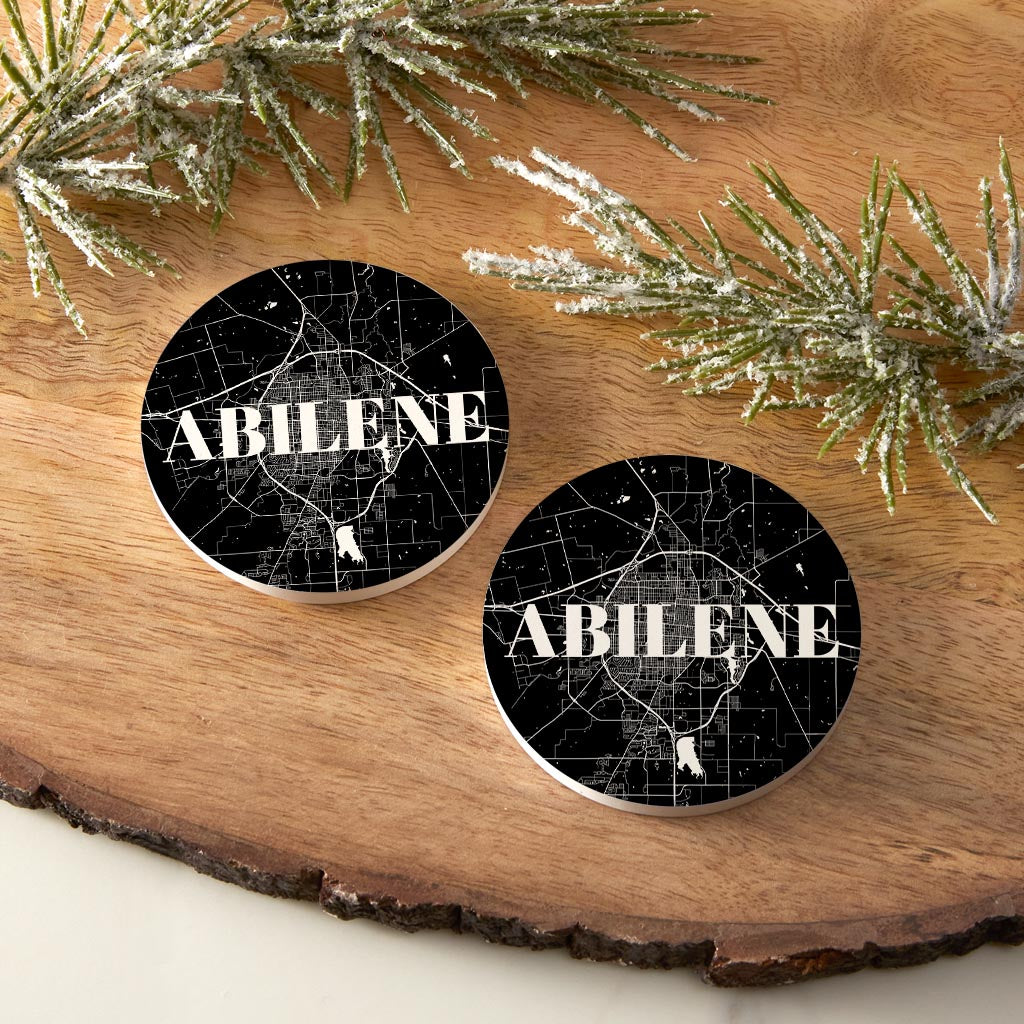 Minimalist B&W Texas Abilene Map | Absorbent Car Coasters | Set of 2 | Min 4