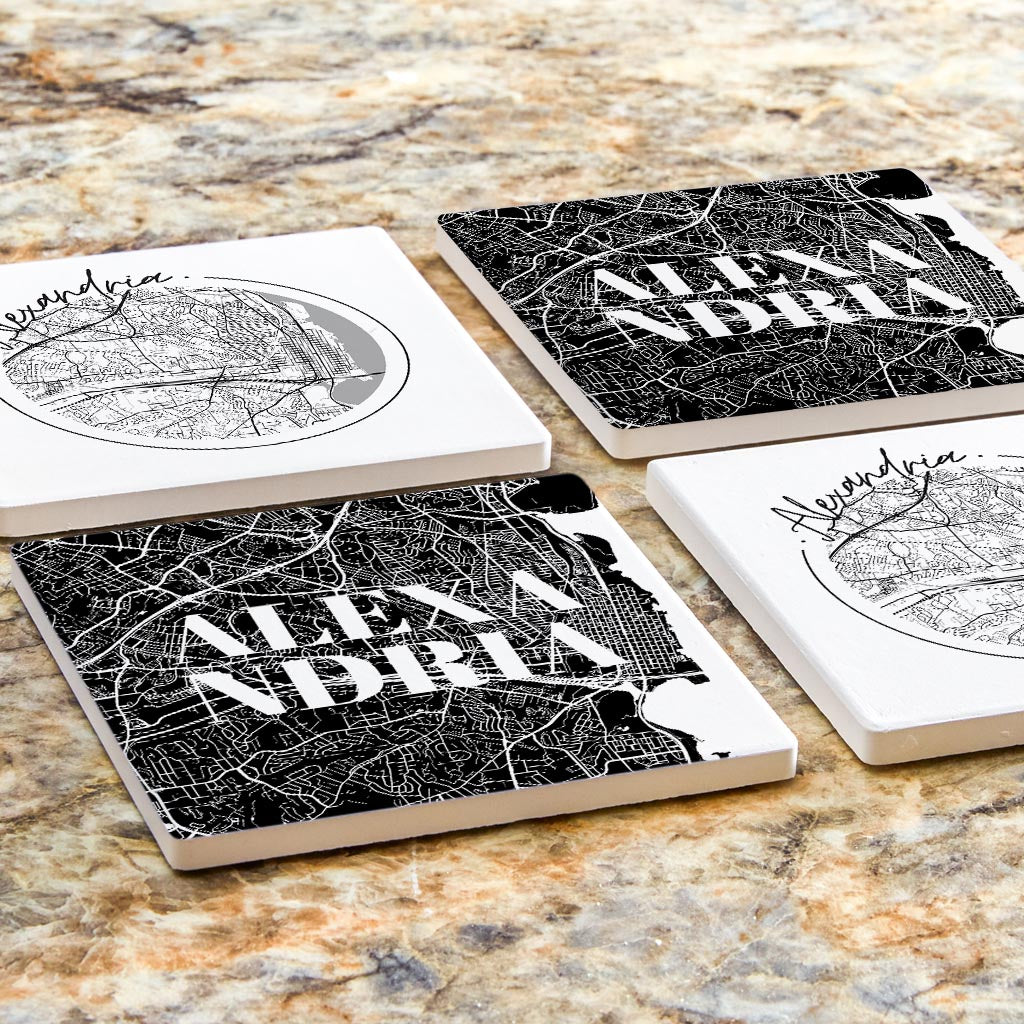 Minimalistic B&W Virginia Alexandria Maps | Absorbent Coasters | Set of 4 | Min 2