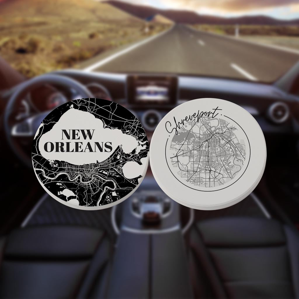 Modern Black White Louisiana Set | Absorbent Car Coasters | Set of 2 | Min 4