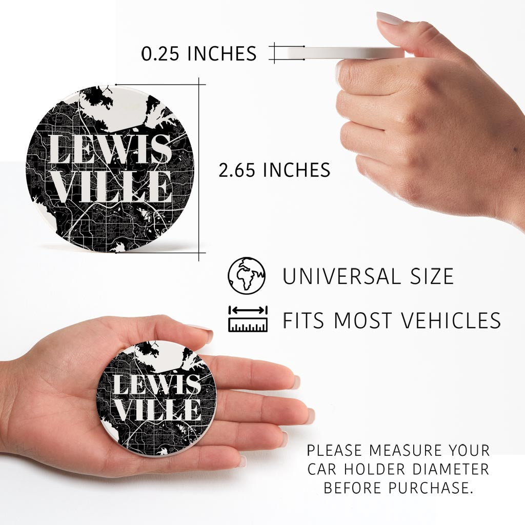 Minimalistic B&W Texas Lewisville Map | Absorbent Car Coasters | Set of 2 | Min 4