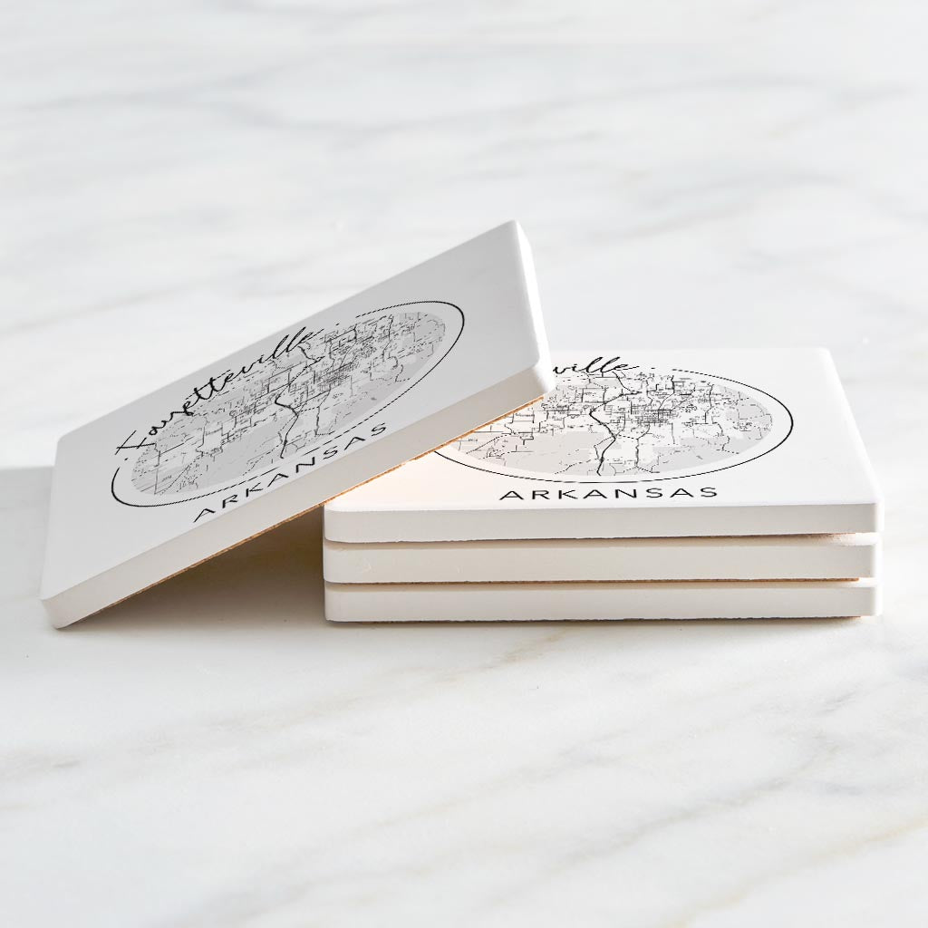 Minimalist B&W Arkansas Fayetteville Circle Map | Absorbent Coasters | Set of 4 | Min 2