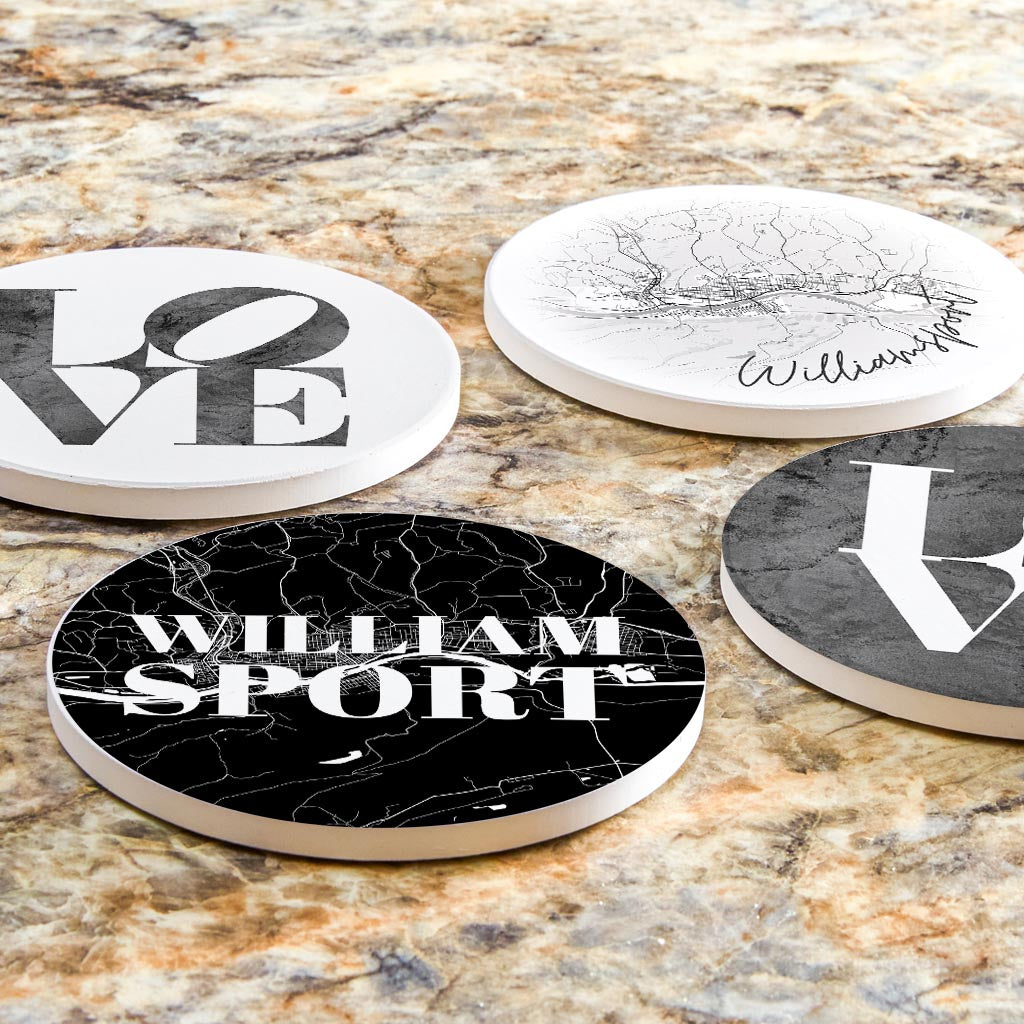 Minimalistic B&W Pennsylvania Williamsport Maps Love | Absorbent Coasters | Set of 4 | Min 2