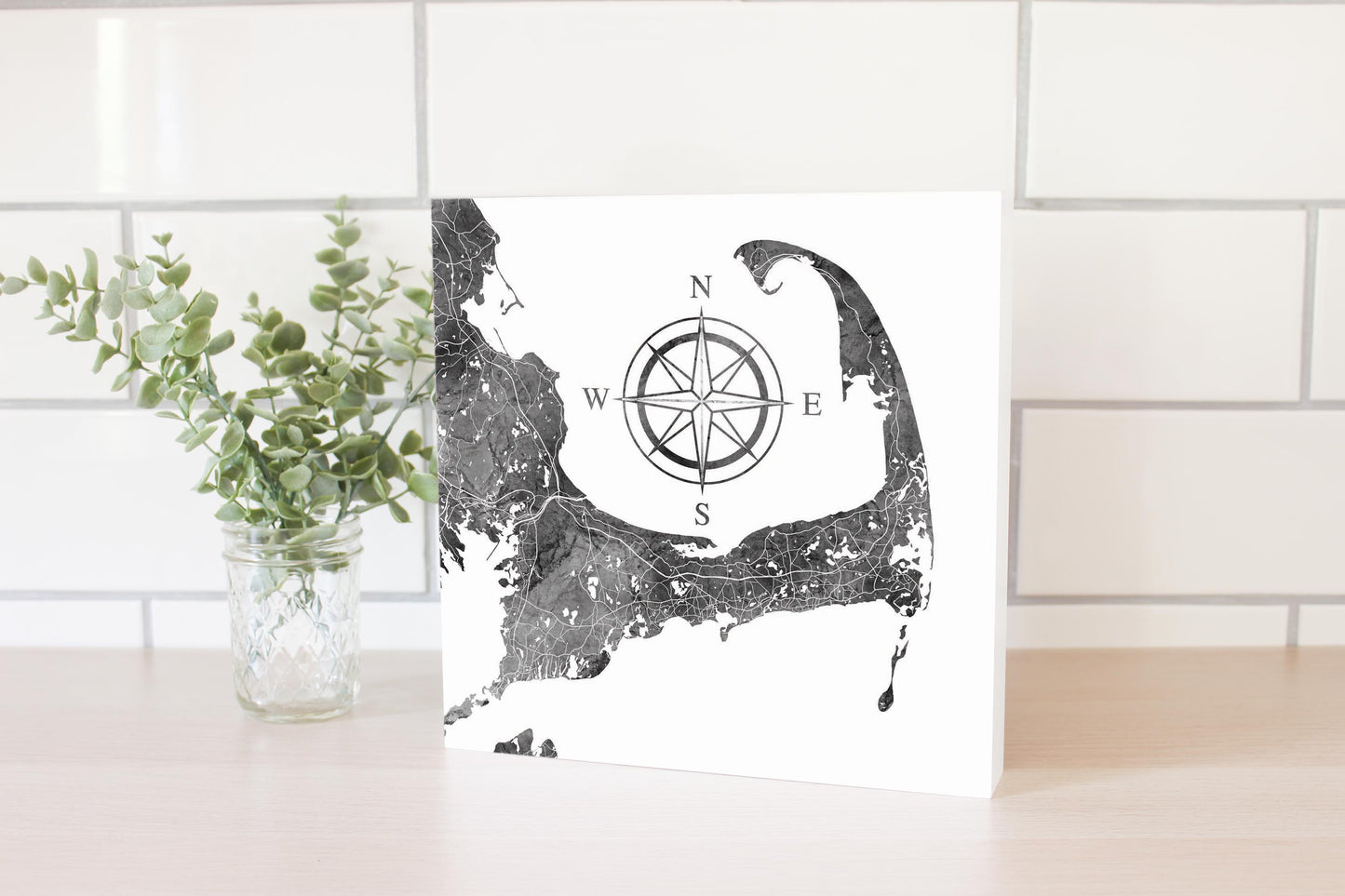 Minimalistic B&W Cape Cod Map With Compass | Wood Block | Eaches | Min 2