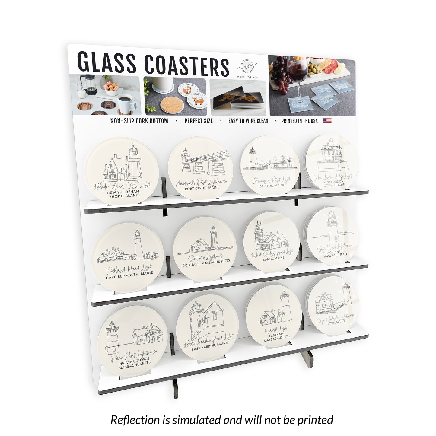 Lighthouse Line Drawing 1 Theme Circle Glass Coaster Loaded Display POP Min of 1