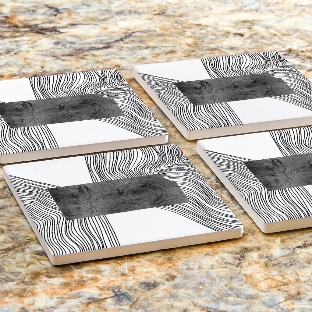 Minimalist B&W Kansas State With Fluid Lines | Absorbent Coasters | Set of 4 | Min 2