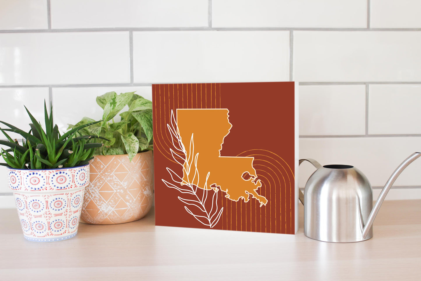 Modern Minimalist Louisiana State Shape With Leaf | Wood Block | Eaches | Min 2