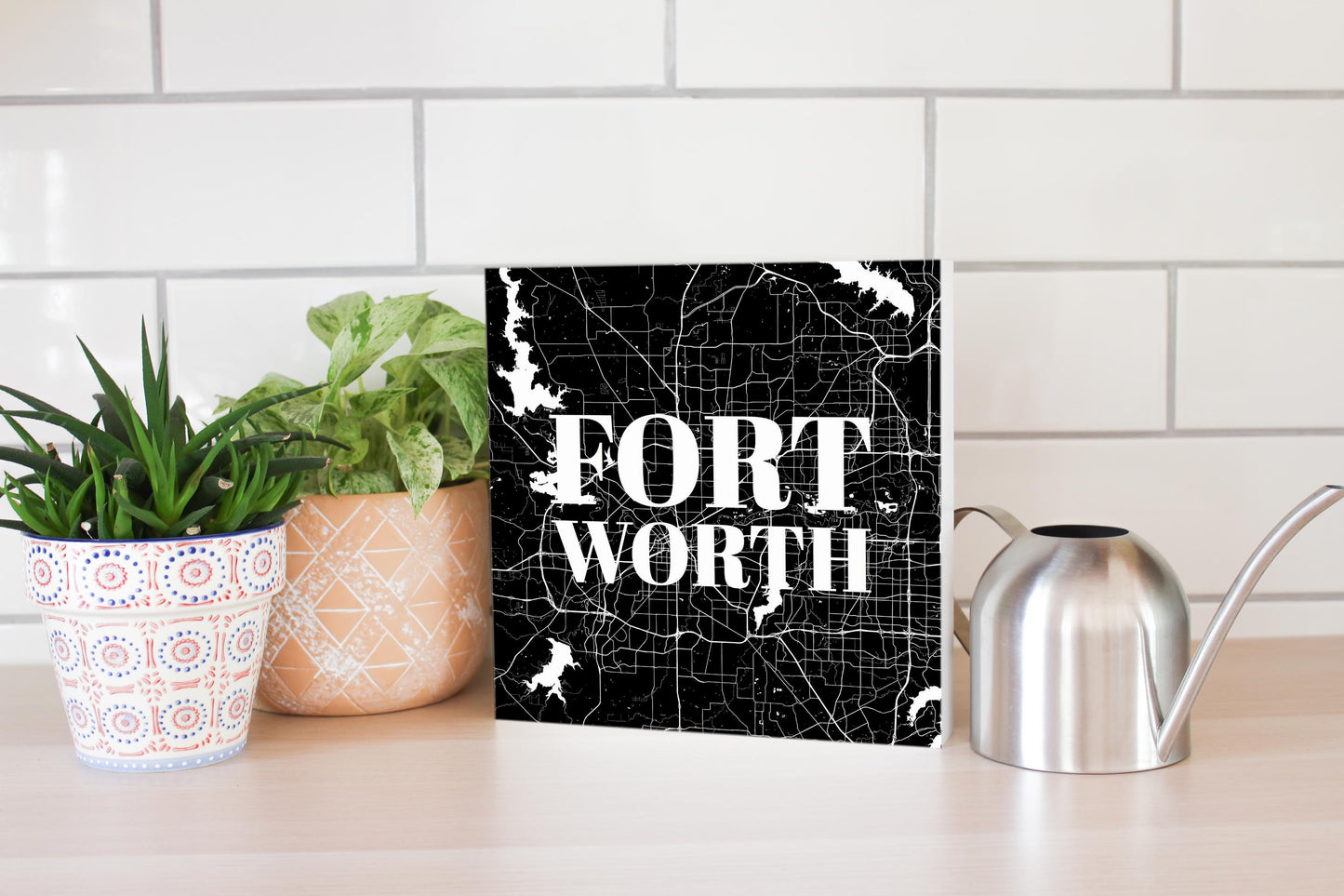 Minimalistic B&W Texas Fort Worth Map | Wood Block | Eaches | Min 2