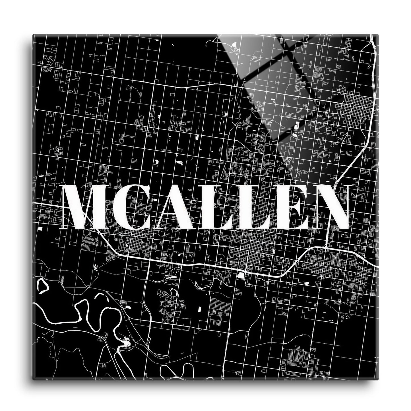 Minimalistic B&W Texas Mcallen Map | Hi-Def Glass Art | Eaches | Min 1