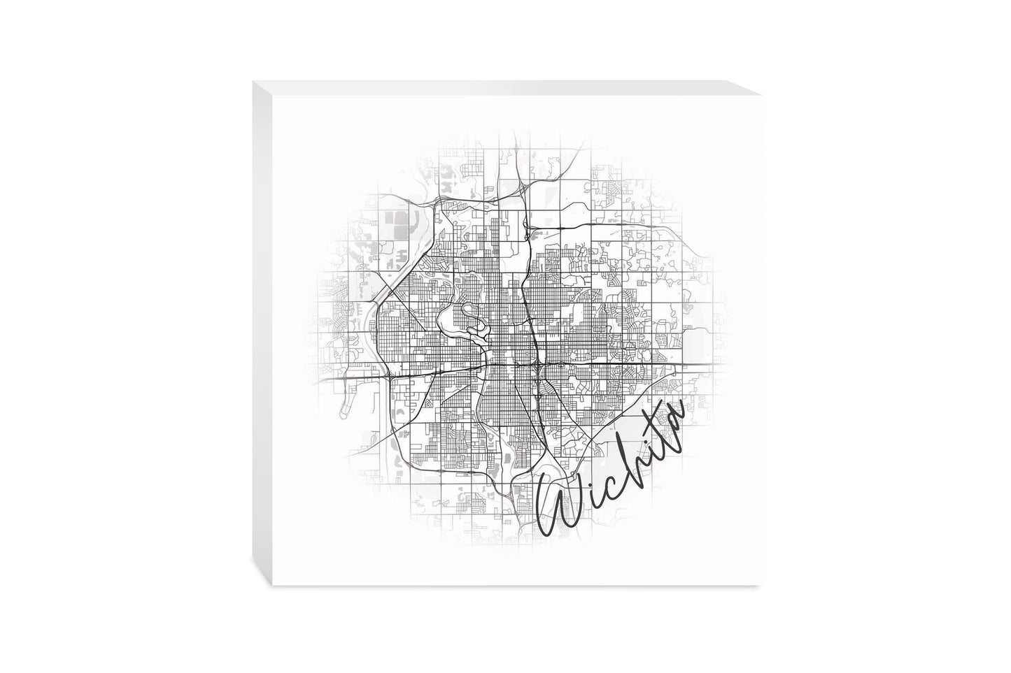 Minimalistic B&W Kansas Wichita Circle Map | Wood Block | Eaches | Min 2