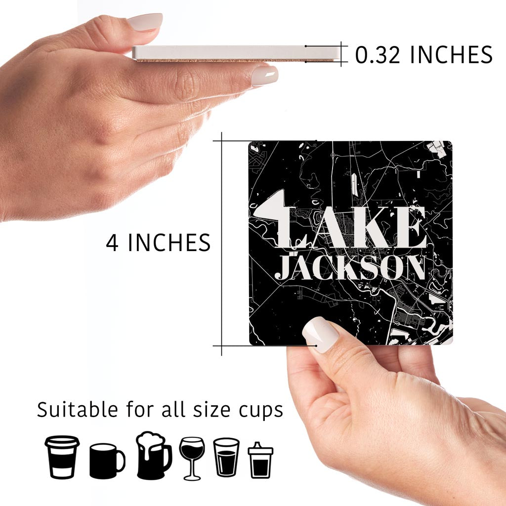 Minimalistic B&W Texas Lake Jackson Map | Absorbent Coasters | Set of 4 | Min 2