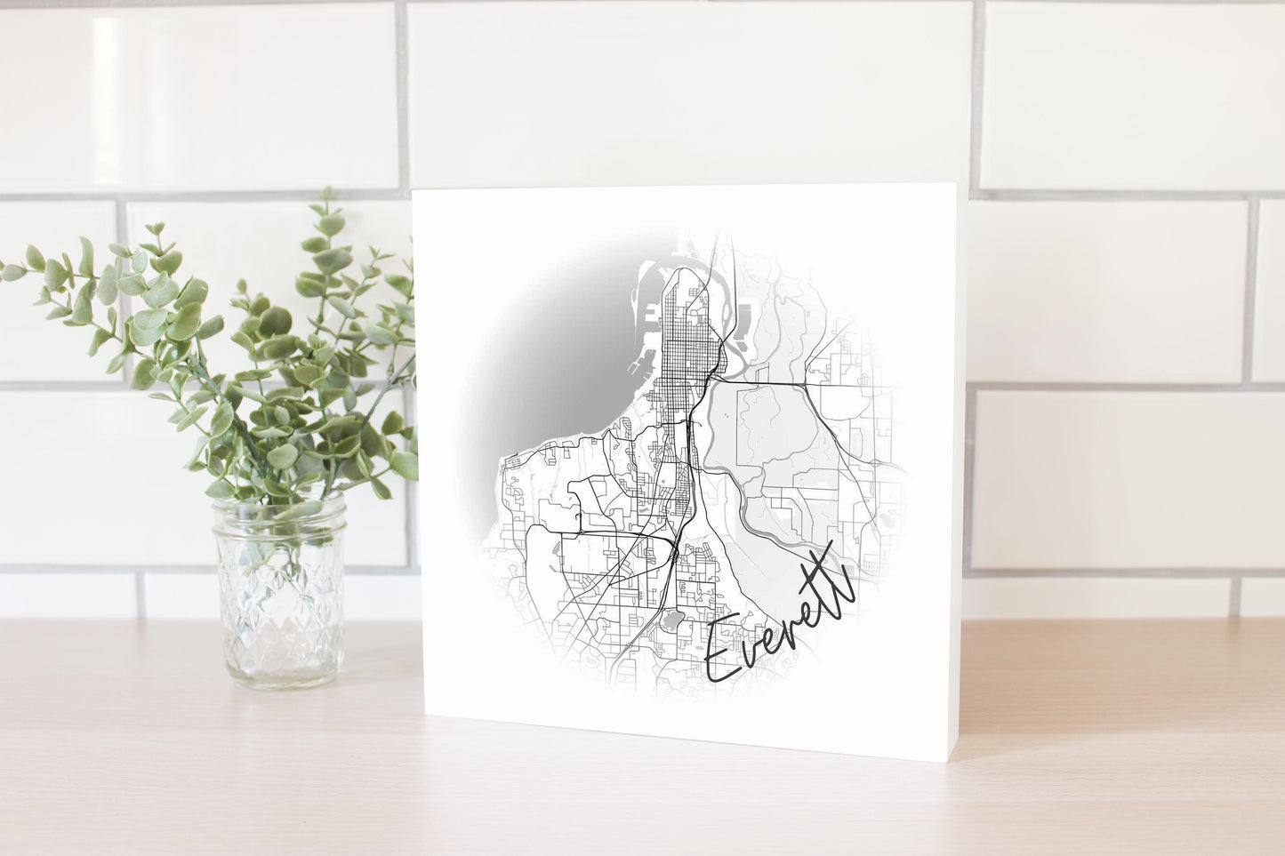Minimalistic B&W Washington Everett Circle Map | Wood Block | Eaches | Min 2