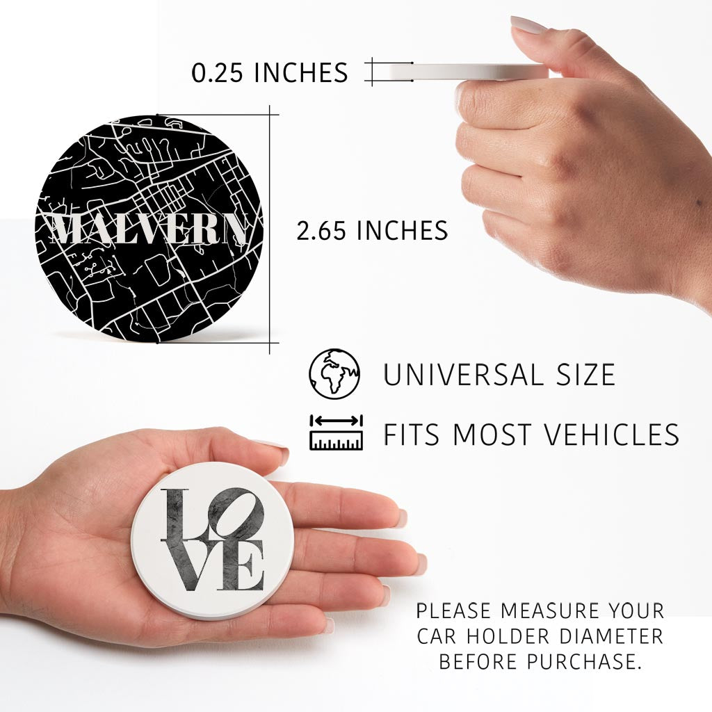 Minimalistic B&W Pennsylvania Malvern Map Love| Absorbent Car Coasters | Set of 2 | Min 4