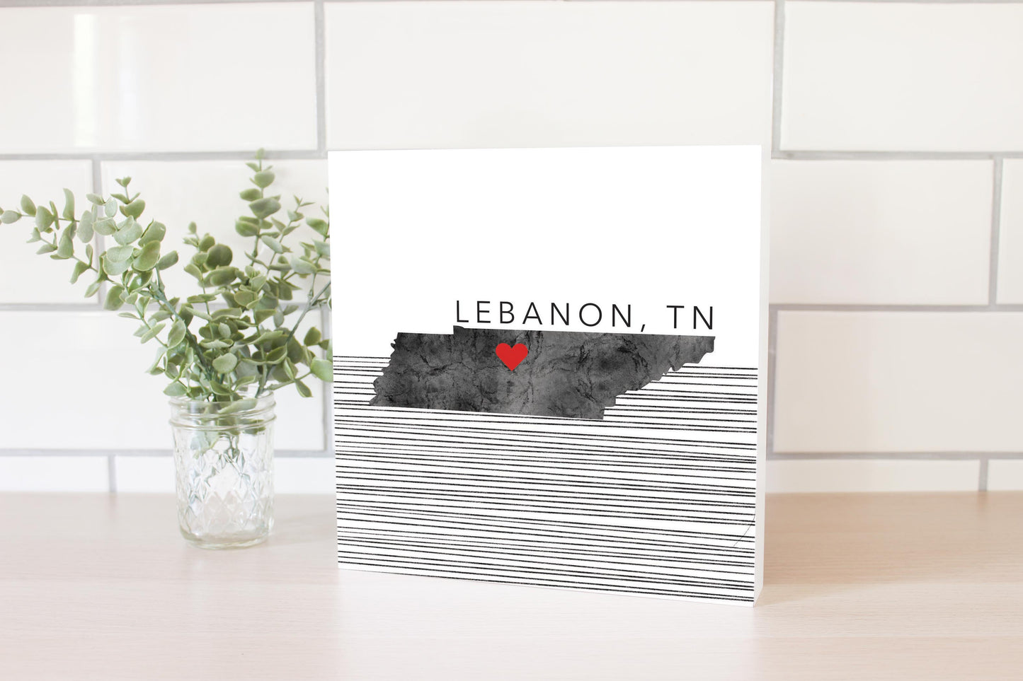 Minimalist B&W Tennessee State Lebanon Heart | Wood Block | Eaches | Min 2