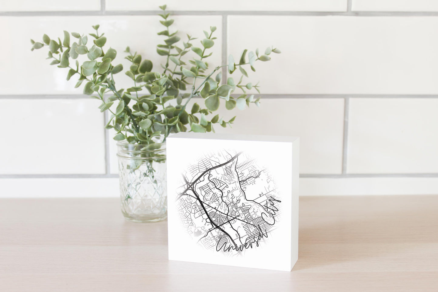 Minimalistic B&W Texas Universal City Circle Map| Wood Block | Eaches | Min 4