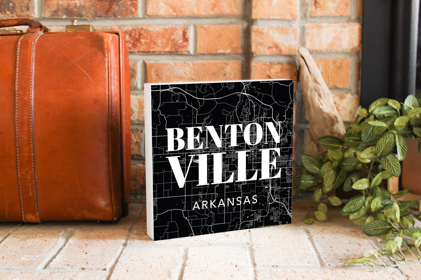 Minimalist B&W Arkansas Bentonville Map State | Wood Block | Eaches | Min 2