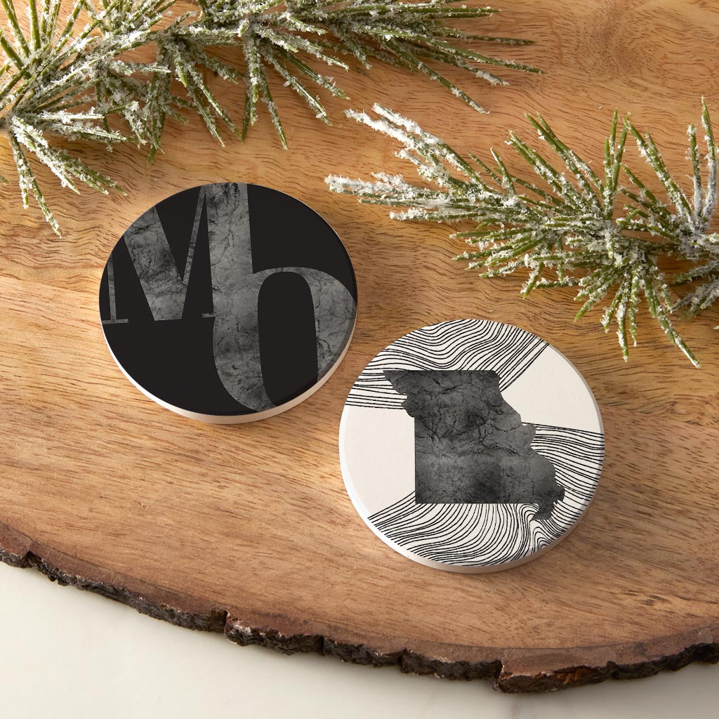 Minimalist B&W Missouri Initials State| Absorbent Car Coasters | Set of 2 | Min 4
