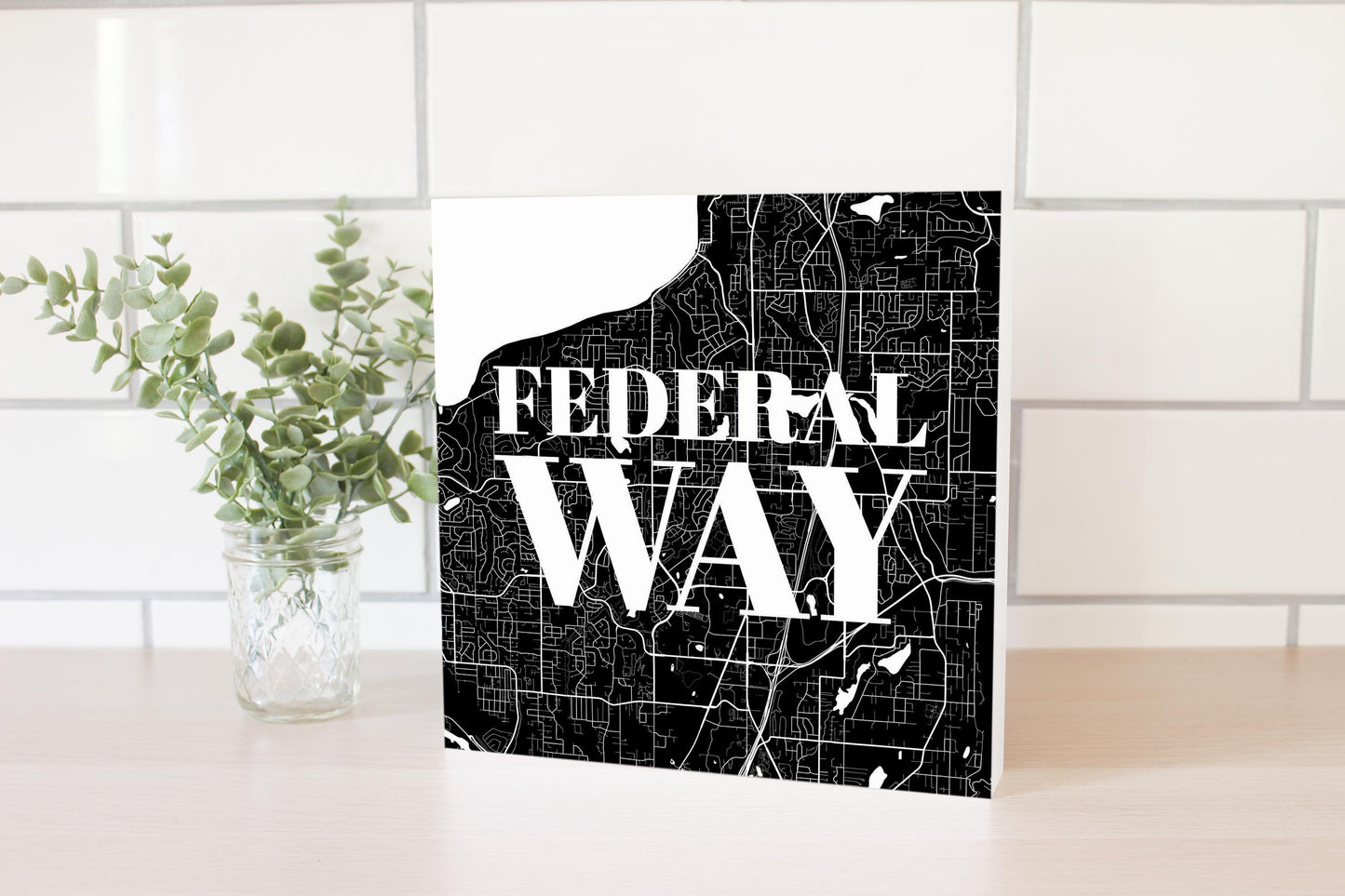 Minimalistic B&W Washington Federal Way Map | Wood Block | Eaches | Min 2