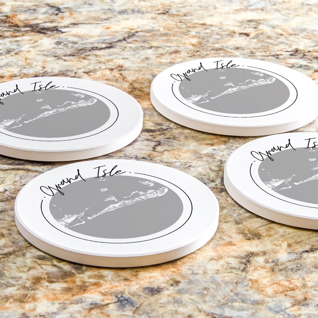 Minimalist B&W Louisiana Grand Isle Circle Map | Absorbent Coasters | Set of 4 | Min 2