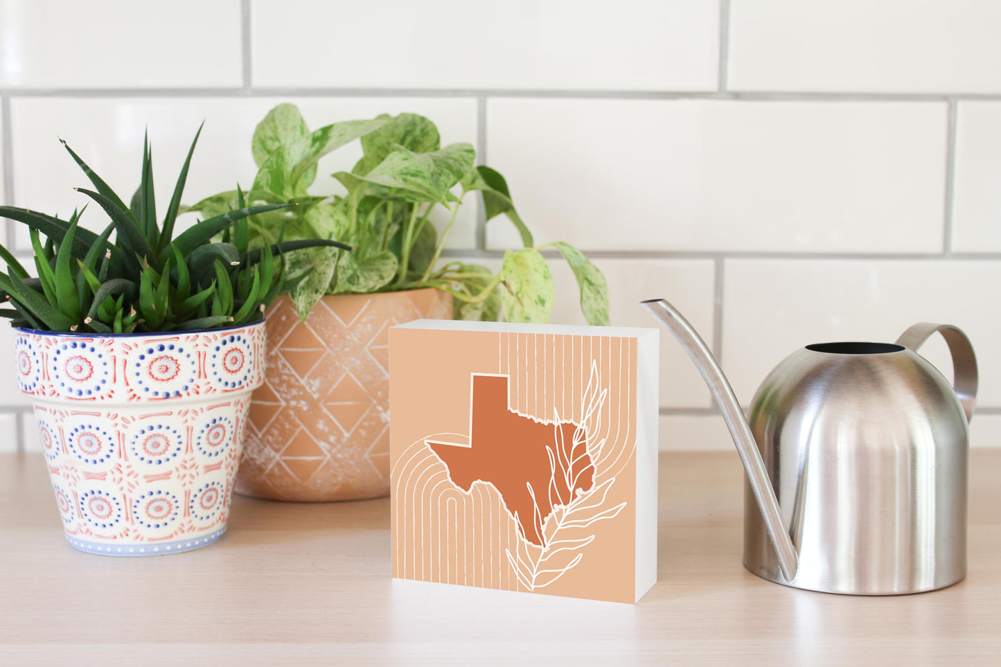 Modern Minimalist Texas State Shape With Leaf | Wood Block | Eaches | Min 4