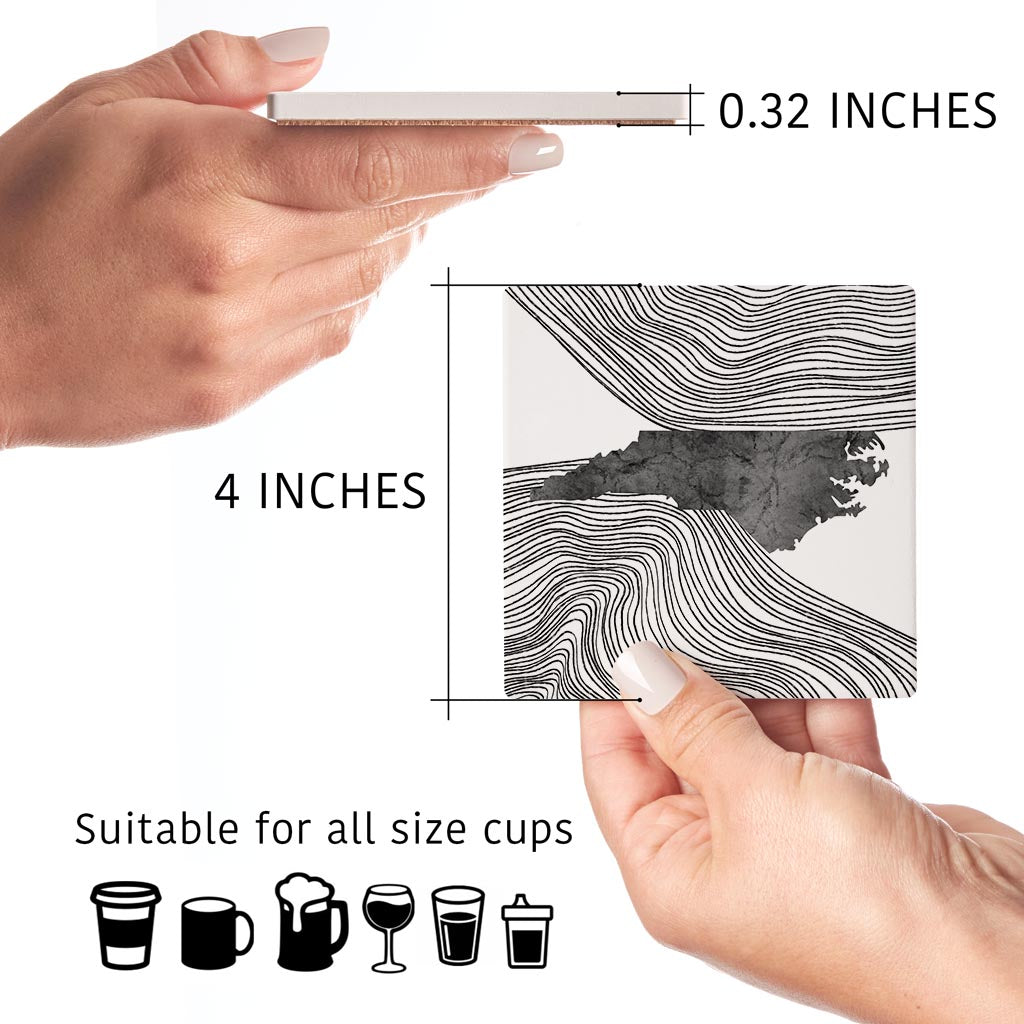 Minimalistic B&W North Carolina State With Fluid Lines| Absorbent Coasters | Set of 4 | Min 2