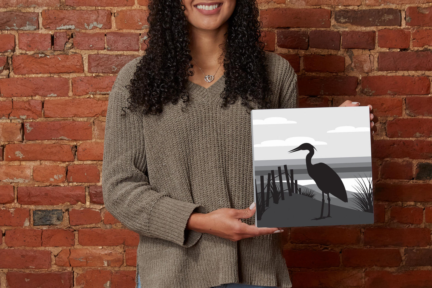 Minimalistic B&W Cape Cod Heron Illustration | Wood Block | Eaches | Min 2