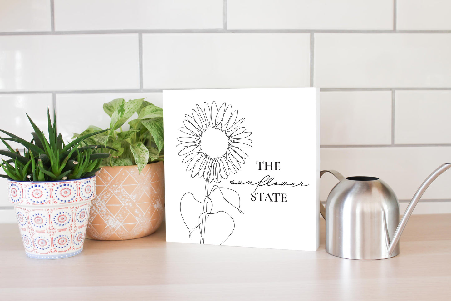 Minimalist B&W Kansas Sunflower Line Drawing | Wood Block | Eaches | Min 2