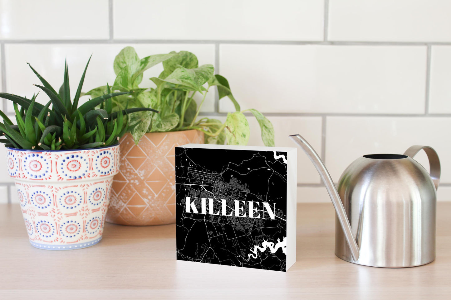 Minimalistic B&W Texas Killeen Map | Wood Block | Eaches | Min 4