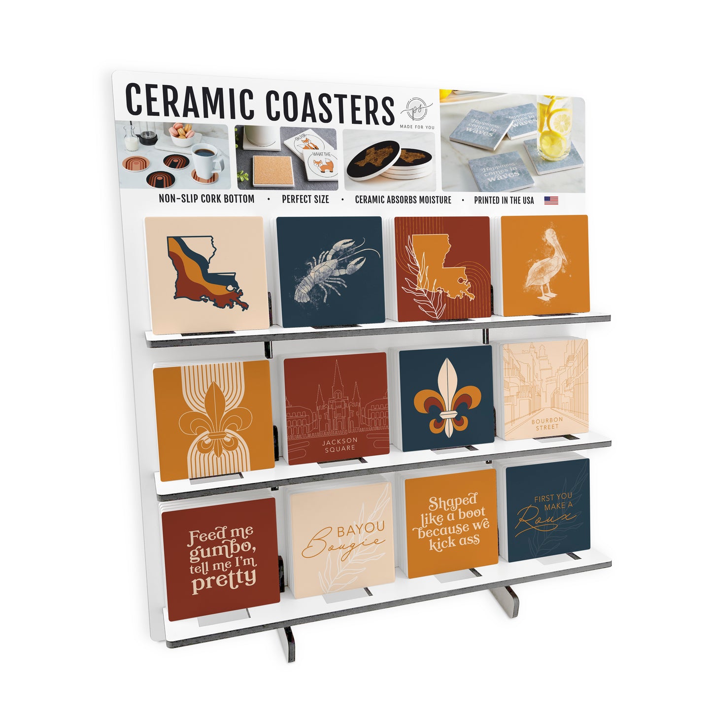 Modern Minimalist Louisiana Square Ceramic Coaster Loaded Display POP Min of 1