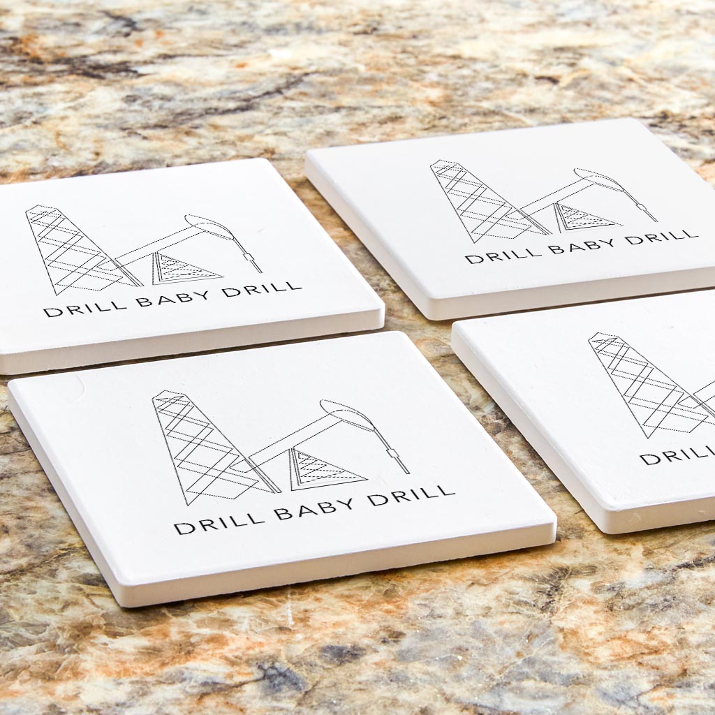 Modern Oklahoma Line Drawing Drill Baby Drill | Absorbent Coasters | Set of 4 | Min 2
