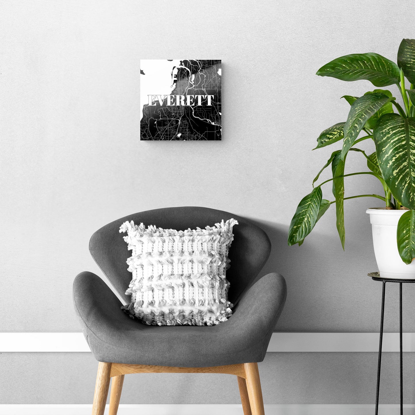 Minimalistic B&W Washington Everett Map | Hi-Def Glass Art | Eaches | Min 1
