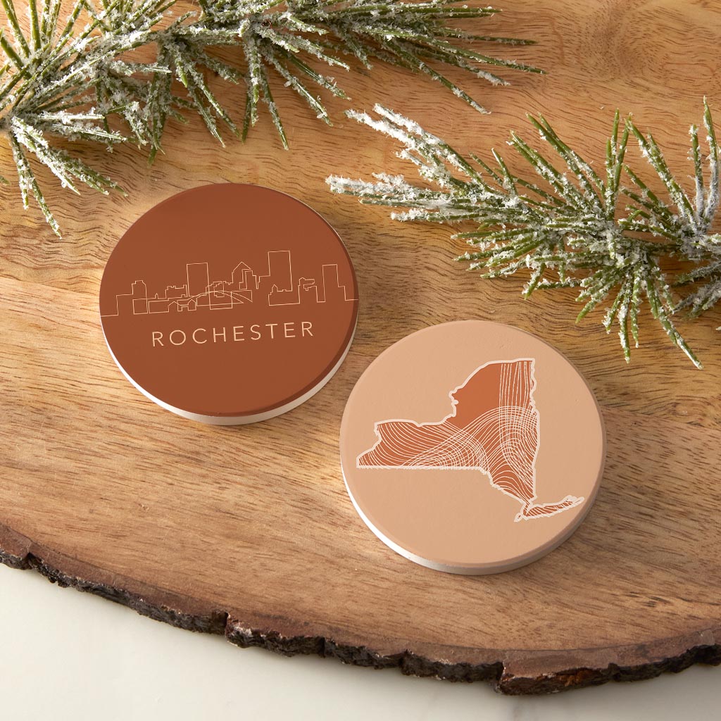 Modern Minimalist New York Rochester Skyline State| Absorbent Car Coasters | Set of 2 | Min 4