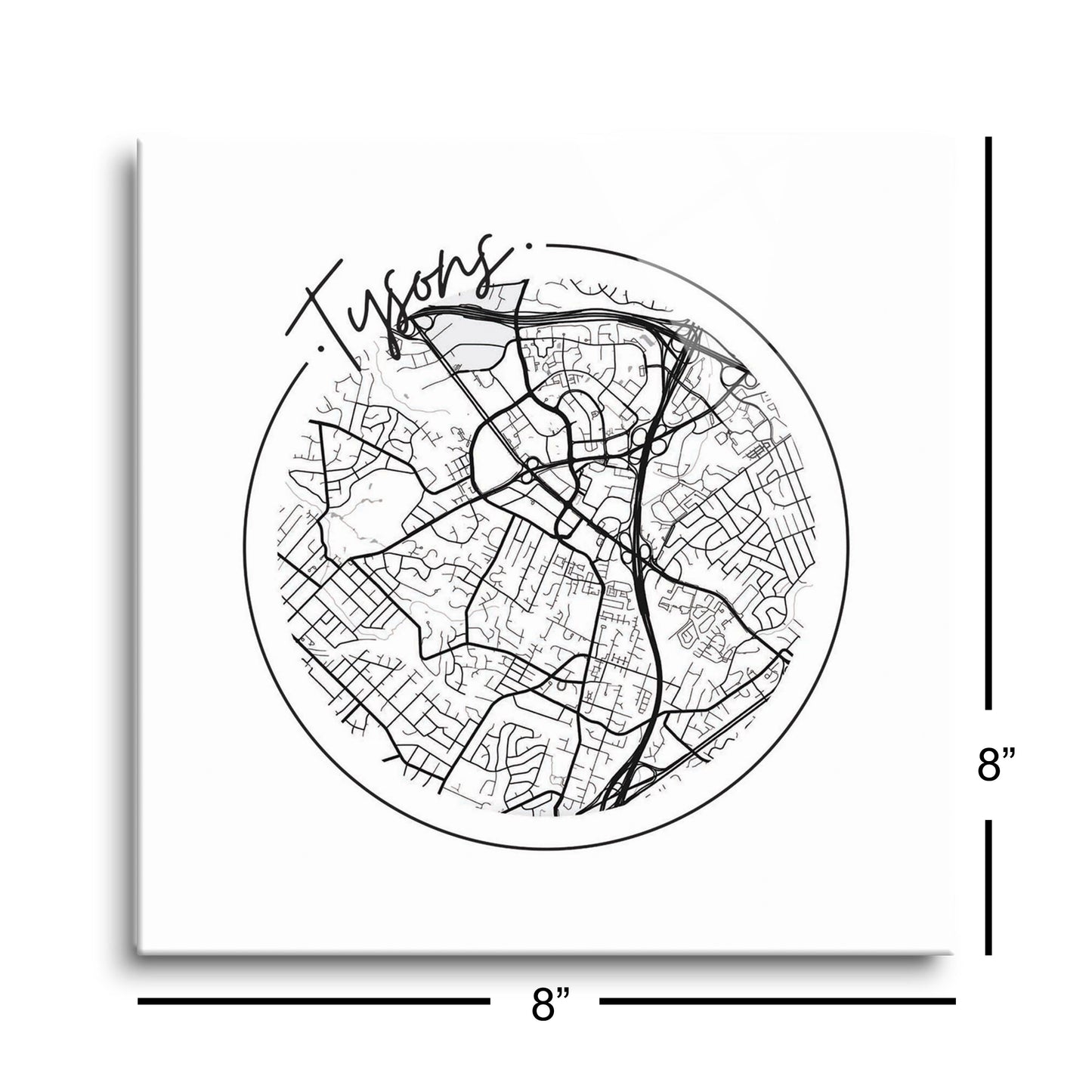Minimalistic B&W Virginia Tysons Circle Map | Hi-Def Glass Art | Eaches | Min 2