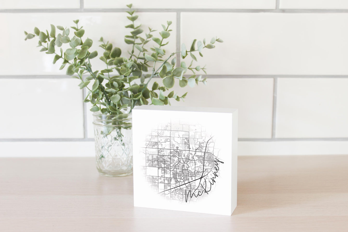 Minimalistic B&W Texas Mckinney Circle Map | Wood Block | Eaches | Min 4