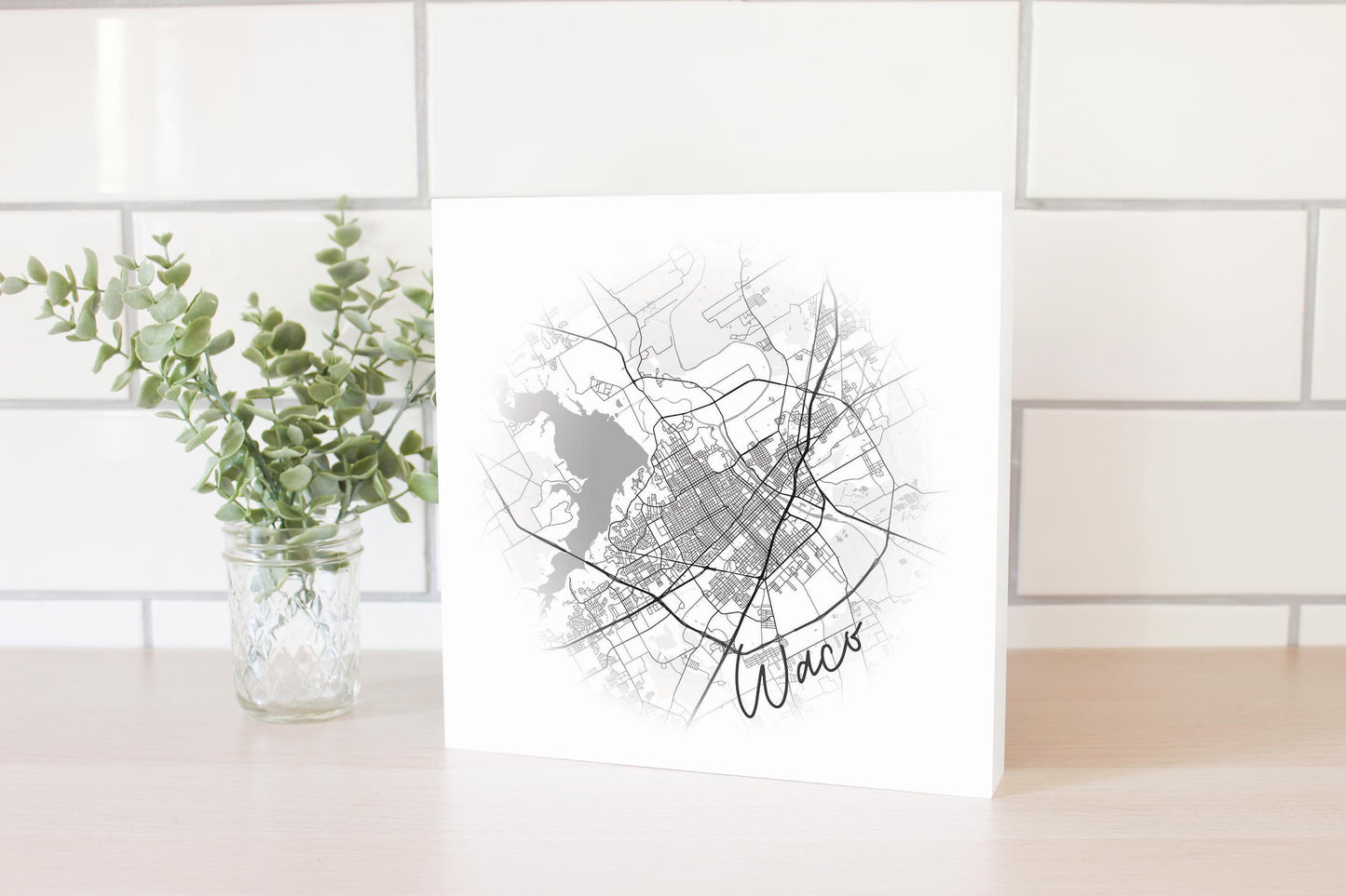 Minimalistic B&W Texas Waco Circle Map | Wood Block | Eaches | Min 2