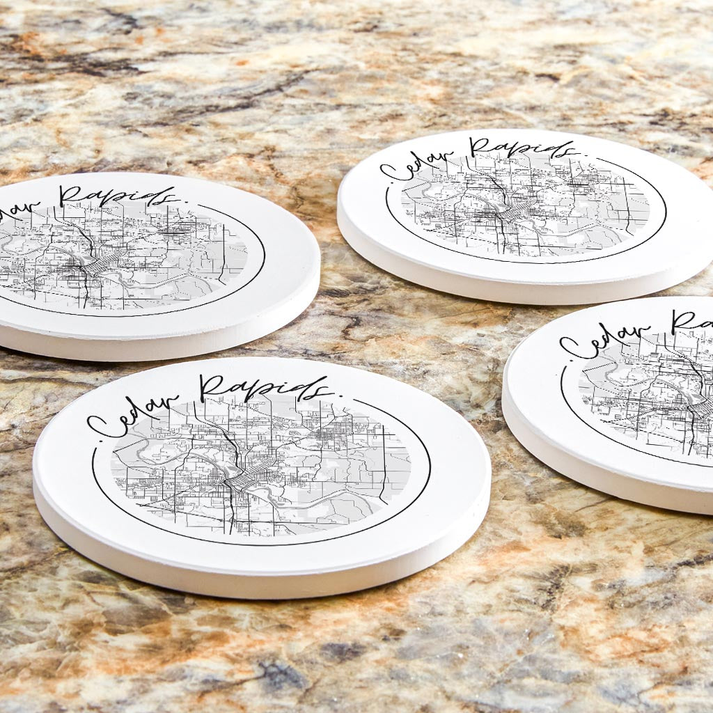 Minimalistic B&W Iowa Cedar Rapids Circle Map | Absorbent Coasters | Set of 4 | Min 2