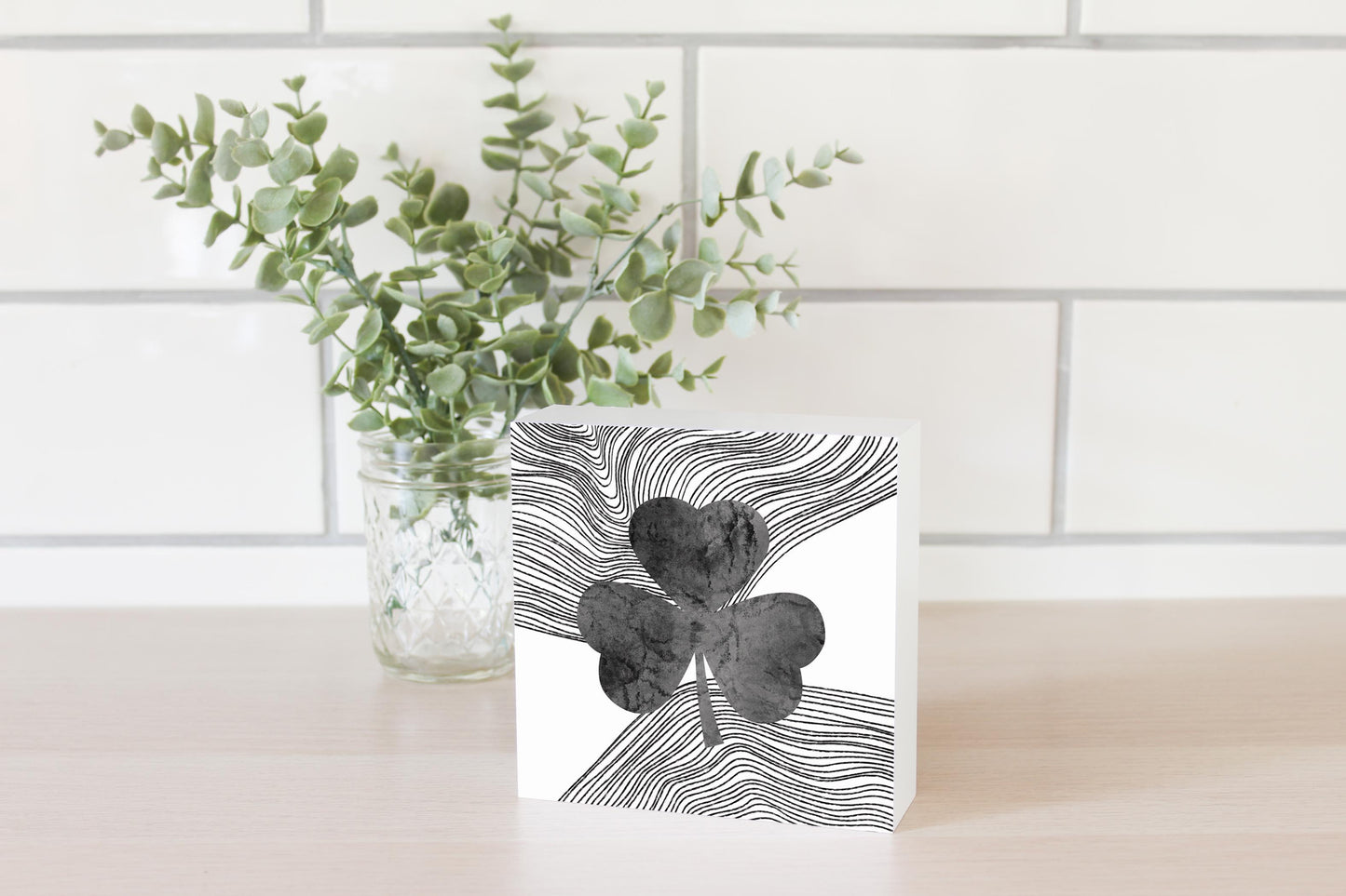 Minimalistic B&W Shamrock Fluid Lines | Wood Block | Eaches | Min 4