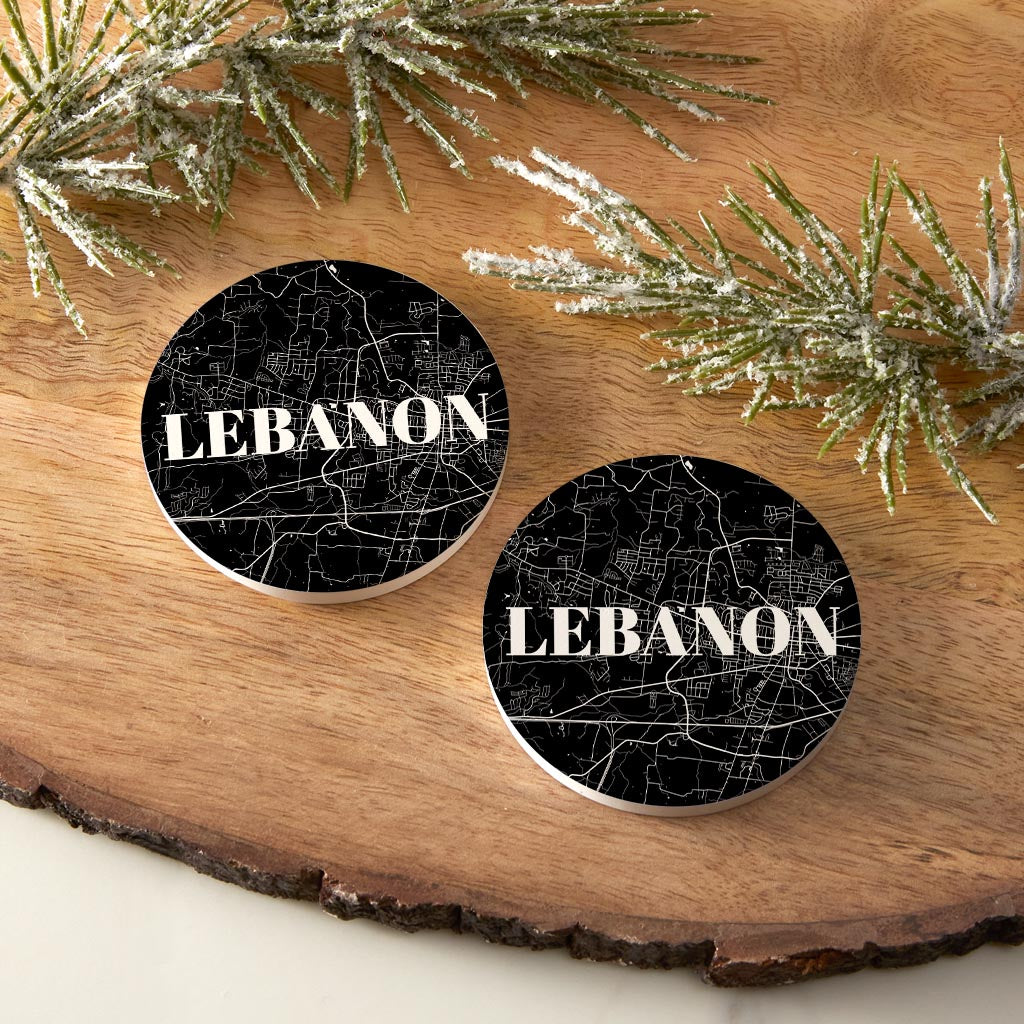 Minimalist B&W Tennessee Lebanon Map | Absorbent Car Coasters | Set of 2 | Min 4