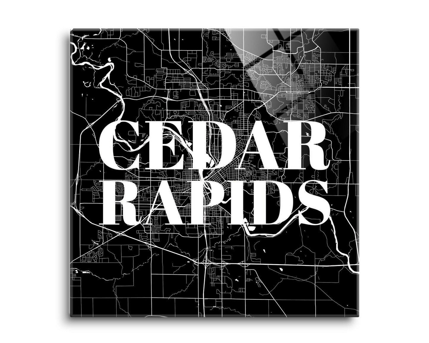 Minimalistic B&W Iowa Cedar Rapids Map | Hi-Def Glass Art | Eaches | Min 2